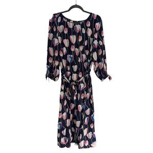 Talbots Navy Blue Floral Long Sleeve Belted Dress Large